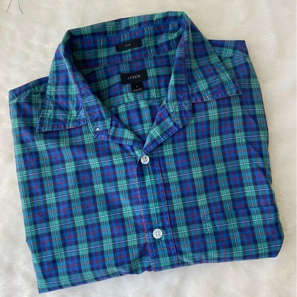J.Crew Dress Shirt Slim Fit Green Blue Plaid Size Medium Adult Mens - Picture 2 of 4